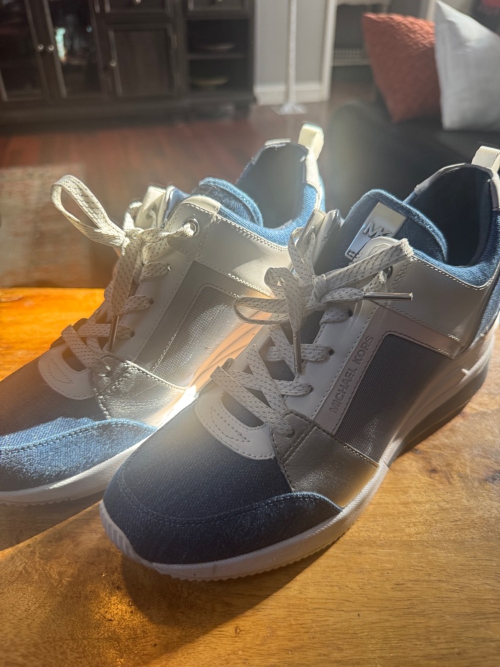 Michael Kors Blue Denim and White Leather Low-Top Sneakers - Picture 3 of 5